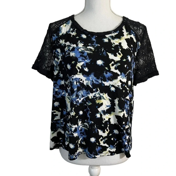 Apt 9 Watercolor Floral Blouse Large Lace Short Sleeves Black Blue Pullover Top - Picture 1 of 8
